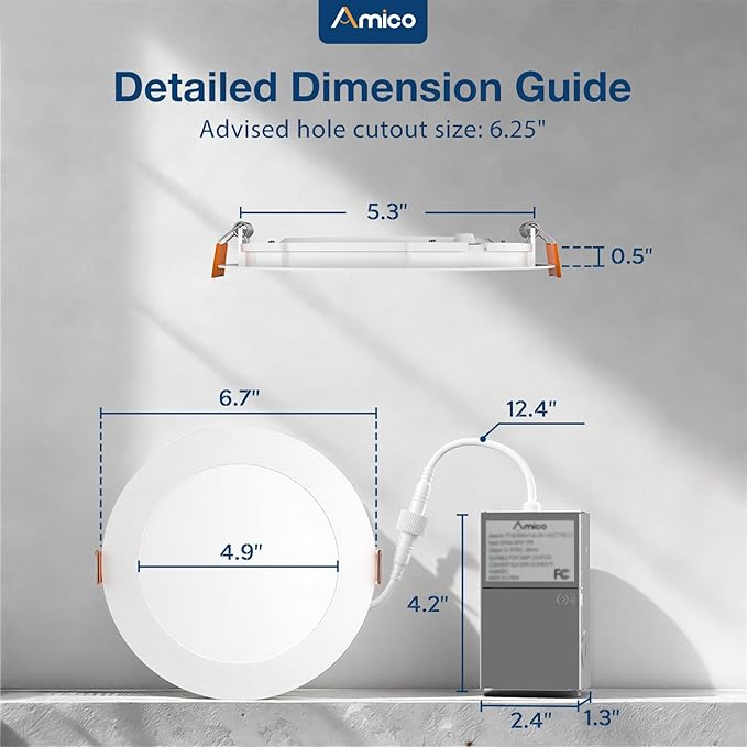 Amico 1 Pack 6 Inch Press to Select 5CCT Ultra-Thin Recessed Light with Junction Box, 2700K/3000K/3500K/4000K/5000K Selectable, 12W=110W, 1050LM High Brightness, Dimmable Wafer Downlight-ETL&FCC