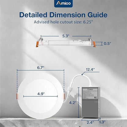 Amico 1 Pack 6 Inch Press to Select 5CCT Ultra-Thin Recessed Light with Junction Box, 2700K/3000K/3500K/4000K/5000K Selectable, 12W=110W, 1050LM High Brightness, Dimmable Wafer Downlight-ETL&FCC