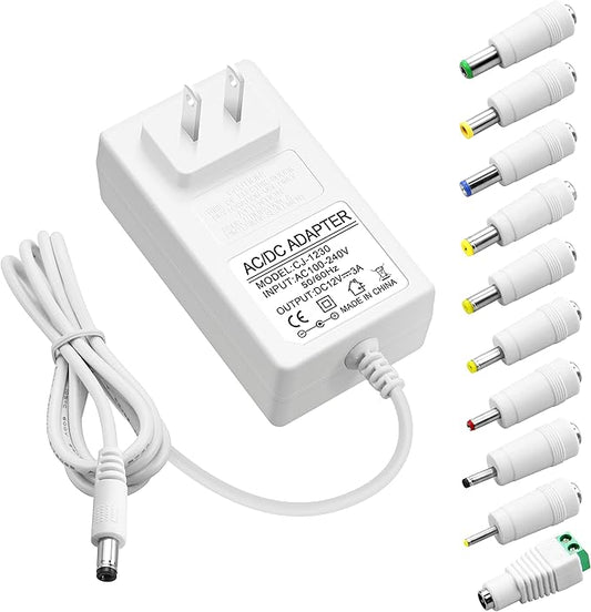 ALITOVE 12 Volt 3A Power Supply DC 12V 36W Universal AC/DC Adapter White 100-240V 50-60Hz Transformer Converter with10 Tips