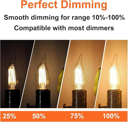 CA11 Chandelier Dimmable Light Bulbs 2700k Warm White 6W 120V, 12 Pack High Output CA11 60 Watt Candelabra Base Bulbs Led, No Flicker CA 11 LED Light Bulbs with E12 Base for Indoor Lighting.