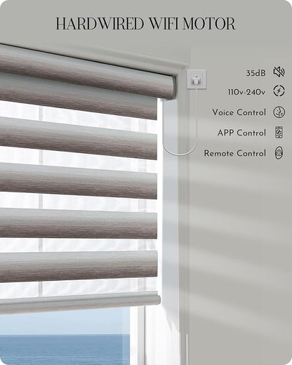 Graywind Motorized Zebra Blinds for Windows, Darkening Hardwired Smart Blinds with Remote Control, Dual Layer Custom Zebra Shades Work with Alexa, Google Home, Apple Homekit, Gradient Brown