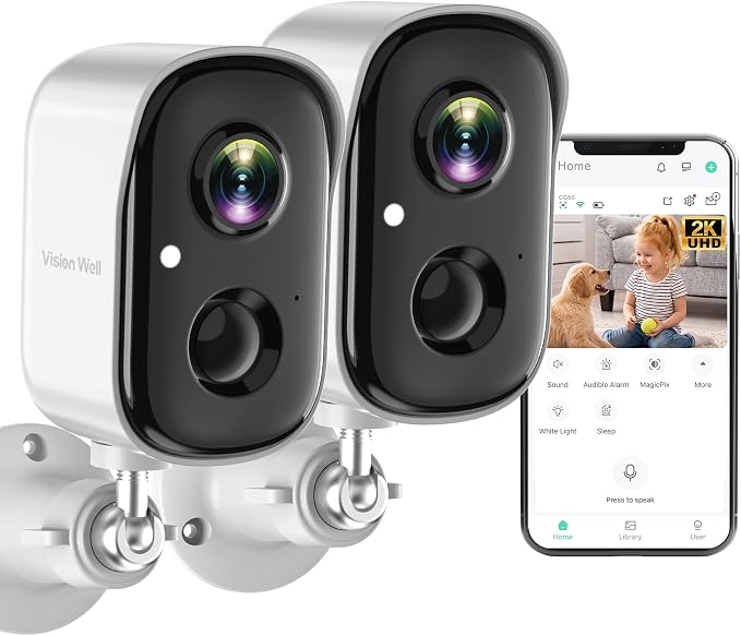 Security Cameras Wireless Outdoor, 2K Indoor Cameras for Home Security Battery Powered, AI Motion Detection, Color Night Vision, 2-Way Talk, Spotlight Siren Alarm, Cloud & SD Storage-Snow White 2 Pack