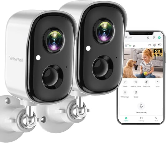 Security Cameras Wireless Outdoor, 2K Indoor Cameras for Home Security Battery Powered, AI Motion Detection, Color Night Vision, 2-Way Talk, Spotlight Siren Alarm, Cloud & SD Storage-Snow White 2 Pack