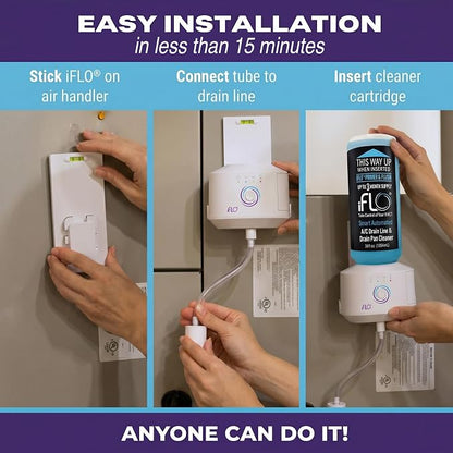 iFLO Smart Automated AC Drain Line HVAC Cleaning System (3 Month Supply) | Easy Installation, App-Controlled Air Conditioner Maintenance Kit for Drain Line & Drain Pan, Includes 36oz Cleaner Cartridge