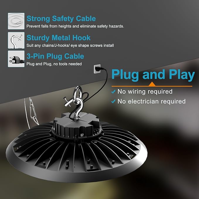 420W LED High Bay Light 5000K Daylight UFO Commercial Bay Light AC100-277V, 63000LM (1680W MH/HPS) High Bay LED Shop Lights with Plug and US Hook-4Pack