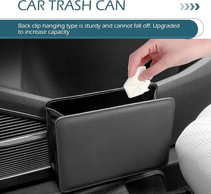 Car Trash Can, Leather Vehicle Trash Bin with 1 Roll Trash Bag, Mini Foldable Seat Back Hanging Storage Bag Container, Waterproof Car Door Storage Box, Universal for Most Cars (Black)