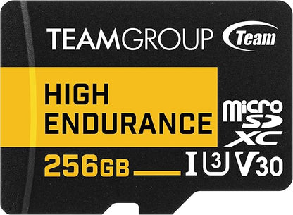 TEAMGROUP HIGH Endurance 256GB Micro SDXC UHS-I U3 V30 4K 100MB/s (Designed for Monitoring) Stable Durable Long Lasting Flash Memory Card, Support 4K & Full HD Video Recording TTUSDX256GIV3002