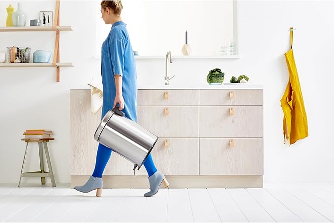 Brabantia Step-On Trash Can | Matt Steel FPP | 5.3 Gallon / 20L | Bathroom, Bedroom, Office Trash Can with Light Pedal Opening, Handle & Removable Inner Bucket | 11.4 x 15 x 18.4 | + Trash Bags