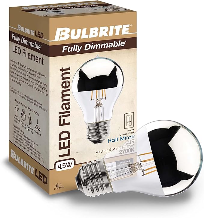 Bulbrite 776671 4.5W LED A19 Filament Bulb, E26 Base, Dimmable 2700K, Wet Rated, Half Chrome