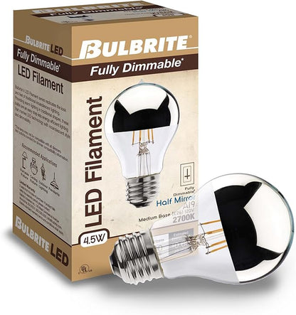 Bulbrite 776671 4.5W LED A19 Filament Bulb, E26 Base, Dimmable 2700K, Wet Rated, Half Chrome
