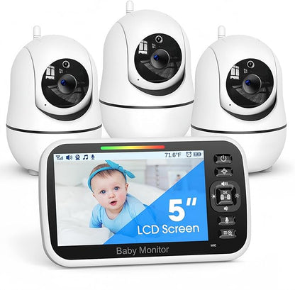 GoodBaby 5" Baby Monitor with 3 Cameras and Audio, No WiFi Secure Camera, 30-Hour Battery, Remote PTZ, Auto Night Vision, Room Temperature, Two-Way Audio，Lullabies，960 ft Range