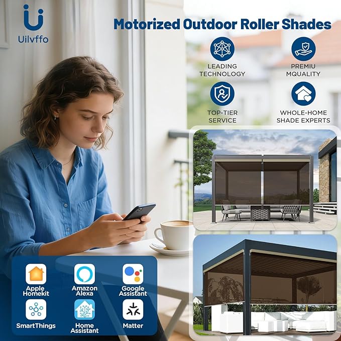 Motorized Outdoor Solar Shades, Custom Patio & Porch Blinds with Remote, Smart Exterior Shades Compatible with Apple HomeKit, Alexa & Google Home (5% Openness Coffee)