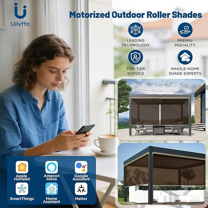 Motorized Outdoor Solar Shades, Custom Patio & Porch Blinds with Remote, Smart Exterior Shades Compatible with Apple HomeKit, Alexa & Google Home (5% Openness Coffee)