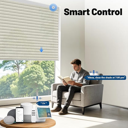 Motorized Cellular Shades with Remote, Smart Cellular Shades Compatible with Apple HomeKit, Alexa & Google Home, Honeycomb Window Blinds for Indoor Windows, Light Filtering Beige Linen