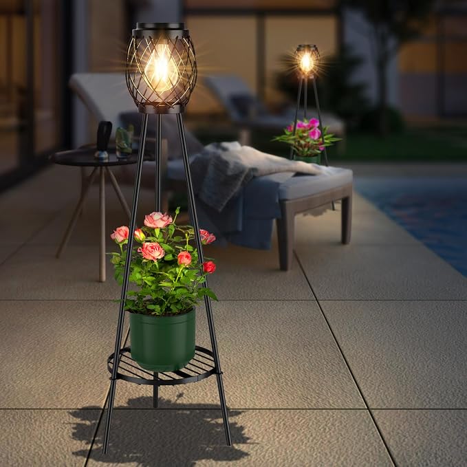 MXwcy 2 Pack Solar Lights Outdoor with LED Edison Bulbs, Vintage Style Solar Floor Lamp with Plant Stands, Weatherproof Garden Lights for Pathway, Patio, Yard, Porch Decor 8-10 Hours Lighting