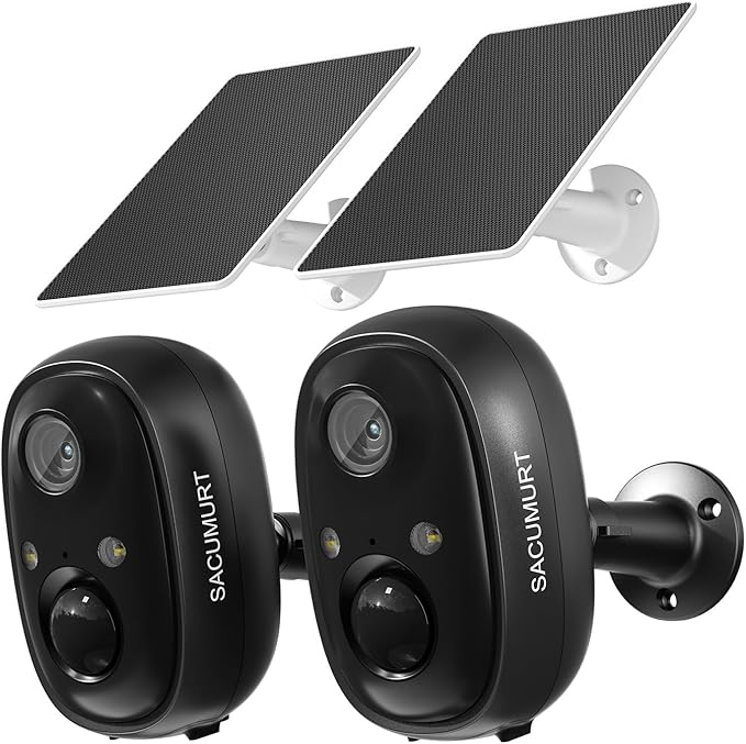 Solar Security Cameras Wireless Outdoor, 2.4G WiFi Camera Outdoor Wireless, Cameras for Home Security with Motion Detection, 2K HD, Works with Alexa, Free Cloud (Need Apply), 2 Packs