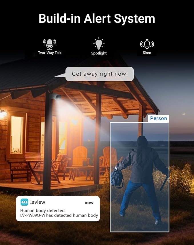 LaView Cellular Security Camera, 4G LTE No WiFi Security Camera, 4MP HD Off Grid Outdoor Camera with Motion Detection,IP65 Waterproof,Color Night Vision,SD Card Slot&US Cloud Storage,Work with Alexa