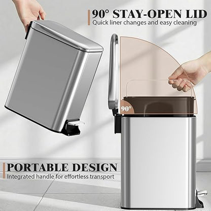 Small Bathroom Trash Can w/Lid Soft Close, 6 Liter/1.6 Gallon Stainless Steel Garbage Can w/Inner Bucket, Trash Bin Waste Basket for Kitchen, Bedroom, Living Room, Office, Toilet, Silver