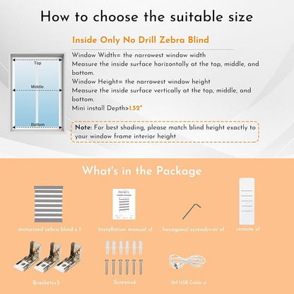 Persilux No Drill Motorized Zebra Blinds with Remote, 65% Blackout Smart Zebra Shades for Indoor Windows,Thermal Insulated, Linen Fabric,UV Protection,Custom Sizes,Linen Grey, A259-3