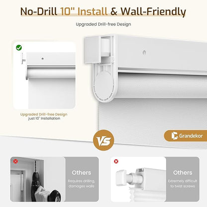 Grandekor No Drill Motorized Blinds with Remote 100% Blackout, Automatic Smart Roller Shade Cordless,White 39x72 Compatible with Alexa, Type-C Charging