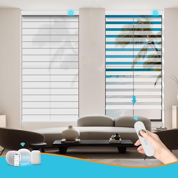 Motorized Zebra Blinds with Remote, Work with HomeKit Alexa, Smart Light Filtering Horizontal Automatic Electric Window Shades for Home Office Customsize(50% Blackout Drumbeat White)