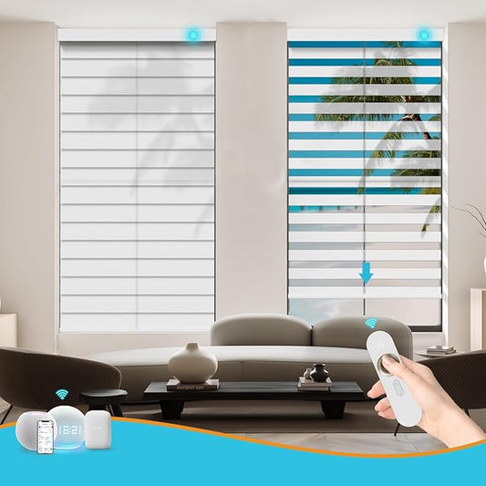 Motorized Zebra Blinds with Remote, Work with HomeKit Alexa, Smart Light Filtering Horizontal Automatic Electric Window Shades for Home Office Customsize(50% Blackout Drumbeat White)