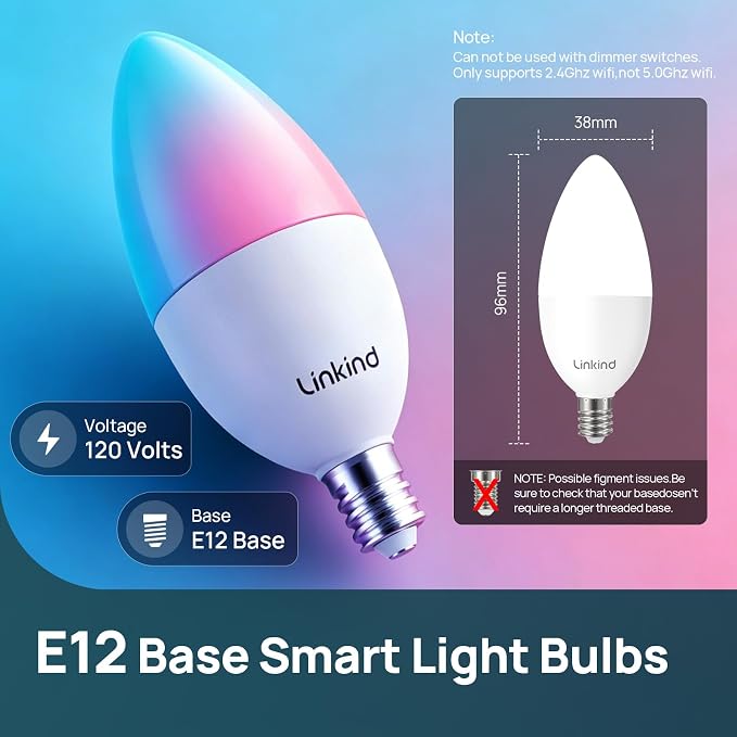 Linkind Matter E12 Led Bulb, Color Changing Smart Light Bulbs, 2 Pack | Works with Alexa/Apple Home/Google Home, Decorative Candelabra Light Bulbs for Chandelier, Tunable White, 2.4G WiFi, 500LM