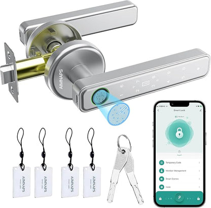 Fingerprint Door Lock, Door Locks for Bedroom, Keyless Entry Door Knob with Handle,Generate Passcode Remotely-Smart Door Lock for Apartment, Office (Silver 02)