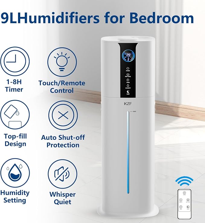 KZF 9L Smart Humidifiers for Bedroom Large Room, 2.3Gal Cool Mist Top Fill Diffuser App & Remote Control, 3 Mist Modes, Quiet Humidifier for Home Office Plant (App Control, White)