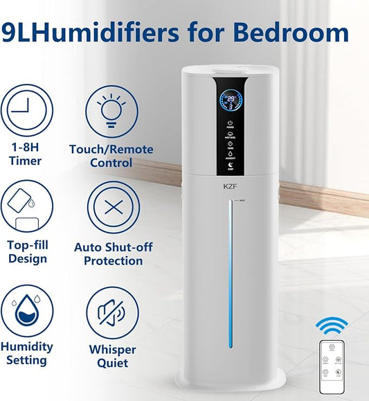 KZF 9L Humidifiers for Bedroom Large Room, 2.3Gal Cool Mist Top Fill Diffuser, Remote Control, 3 Mist Modes, Quiet Humidifier for Home Office Plant (Remote Control, White)