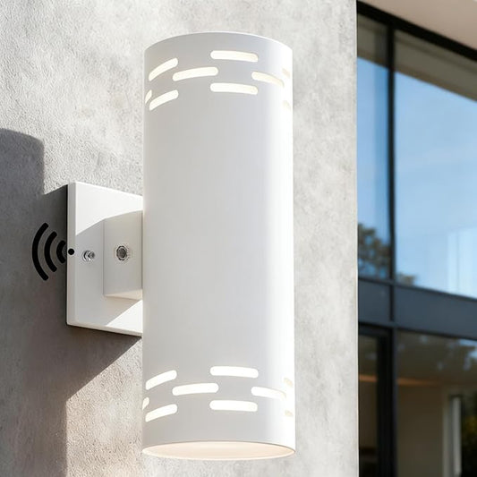Dusk to Dawn Modern Outdoor Wall Lights, 12'' Up and Down Integrated LED Cylinder Exterior Lighting Fixtures, 23W 3000K IP65 Waterproof Wall Sconces for House, Garage, Patio, Porch, White