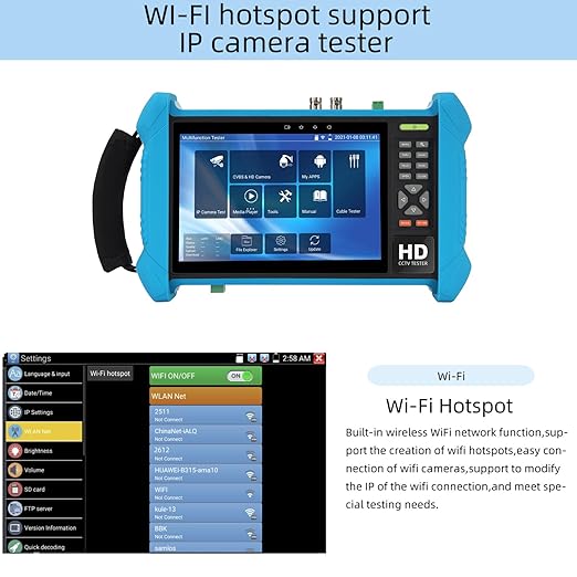 Koolertron 7" IPS Touch Screen 4K H.265 IP Camera Tester - POE/WiFi, CVBS Analog Tester, HDMI Output, RJ45 TDR, 8GB TF Card, Dual Window Test, Firmware Upgrade