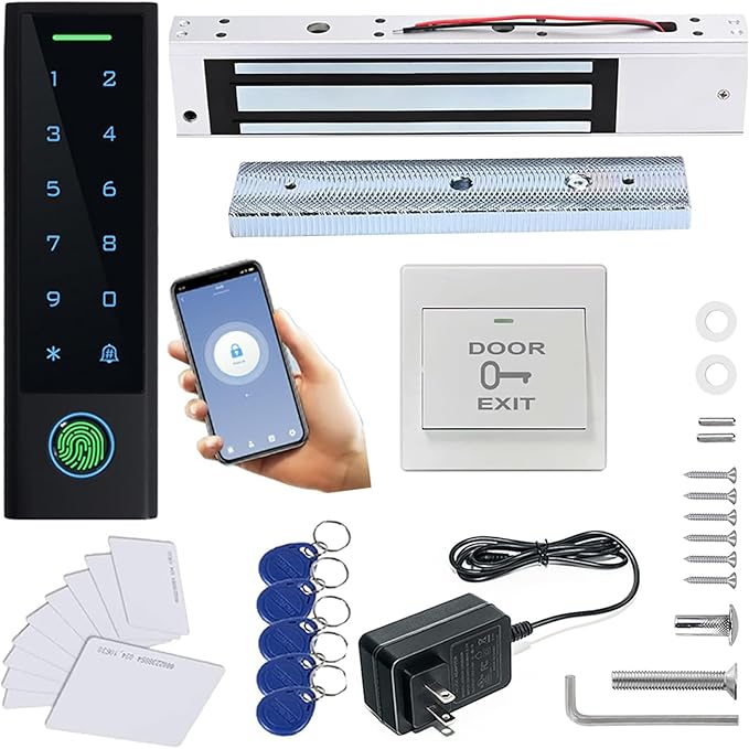 WiFi Remote Add Delete User Biometric Fingerprint RFID Password Access Control Systems + 600lbs Force Electric Magnetic Lock +Cards and Key Fobs keypad Reader 110V-240V Power Adapter