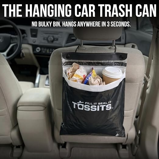 Tossits Recycled Disposable Car Trash Bags – Leakproof, Smell Proof Hanging Garbage Bags for Car, Truck, SUV, RV & Vehicle – Black, 42 Count Disposable Automotive Trash Bags