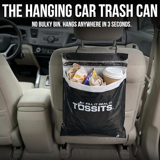 Tossits Recycled Disposable Car Trash Bags – Leakproof, Smell Proof Hanging Garbage Bags for Car, Truck, SUV, RV & Vehicle – Black, 21 Count Disposable Automotive Trash Bags