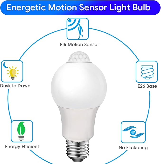 Energetic Motion Sensor Light Bulb, 8.5W (60 Watt Equivalent) E26 Motion Activated Dusk to Dawn Security Light Bulb for Front Door Porch Garage Basement Hallway Closet, 3000K Warm White, 2 Pack