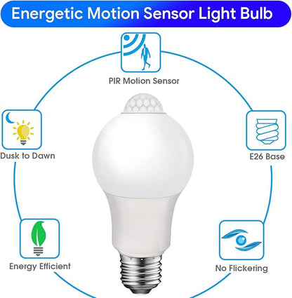 Energetic Motion Sensor Light Bulb, 8.5W (60 Watt Equivalent) E26 Motion Activated Dusk to Dawn Security Light Bulb for Front Door Porch Garage Basement Hallway Closet, 3000K Warm White, 2 Pack
