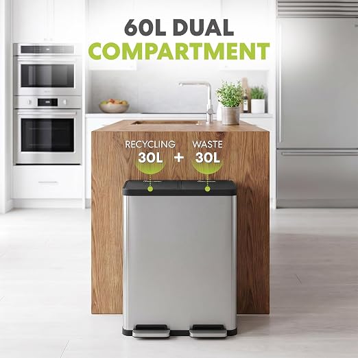 SIMPLI-MAGIC 60 Liter / 16 Gallon Rectangular Hands-Free Dual Compartment Recycling Kitchen Step Trash Can with Soft-Close Lid, Brushed Stainless Steel