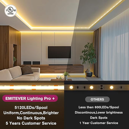 EMITEVER COB LED Strip Lights Warm White, 3000K Tape Light Premium High Density, DC 24V, 360+Lumens/ft, 5120LEDs/Spool, Ra 90+, 32.8ft/10m, UL Listed 5 Year After-Service(Power Supply Sold Separately)