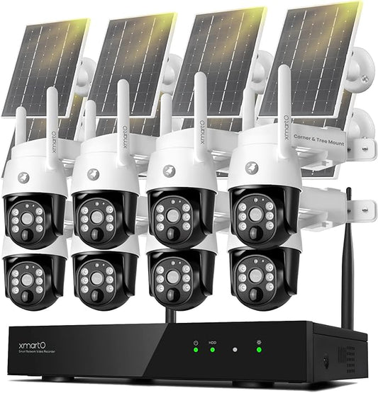 xmartO Virtual Bundle: 10CH 4K Dual WiFi6 NVR + 8x4MP QHD Solar PTZ Cameras, Automotive-Grade Battery All-Weather-Charge, 5G 1300ft Long Range H.265+, Outdoor/Indoor Wire-Free, Wall/Tree/Pole/Ceiling