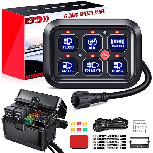 Nilight 6 Gang Switch Panel Relay System Automatic Dimmable | Universal Circuit Control with Fuse Wiring Harness ON-Off Blue Backlit LED Pod for Cars Trucks Boats ATV UTV SUV
