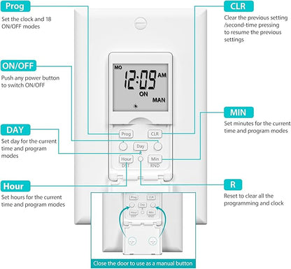 BN-LINK 7 Day Programmable in-Wall Timer Switch for Lights, Digital Light Switch Timer Indoor, Single Pole and 3 Way (Compatible with SPDT) Both Use, Neutral Wire Required, No Backlight, ETL Listed