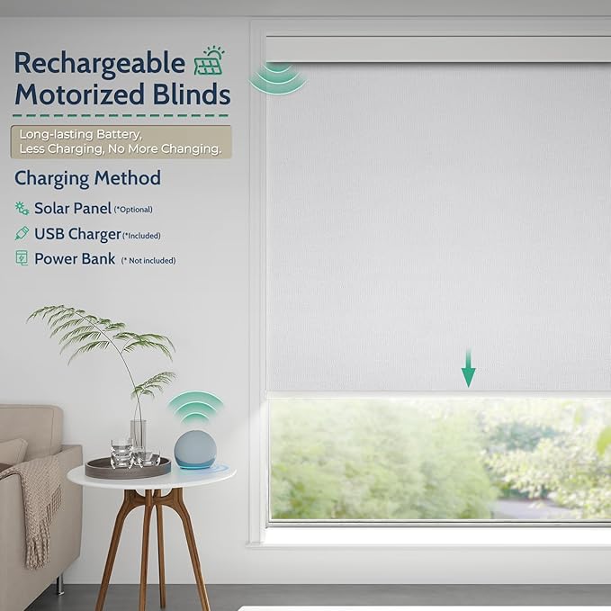 Motorized Blinds with Remote, Blackout Rechargeable Automatic Roller Shades, Cordless Smart Blinds Compatible with Alexa, Custom Blind for Indoor Windows, Moon River Snow