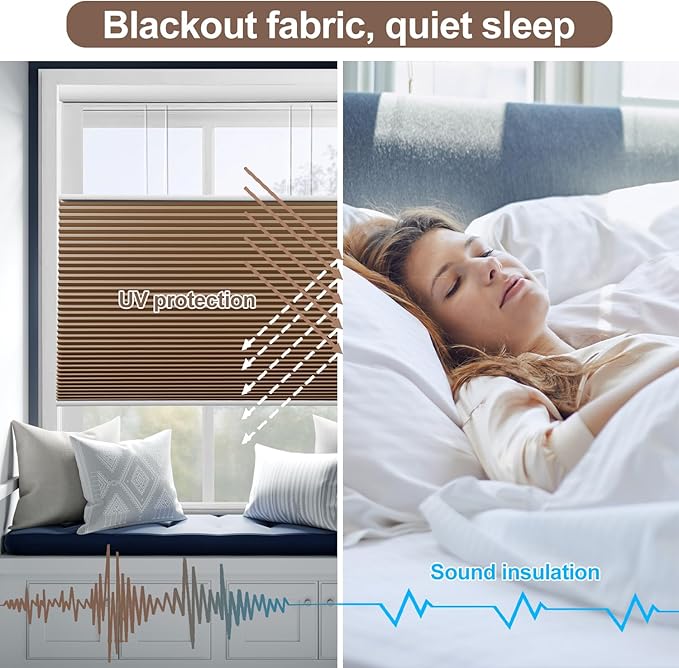 Godark Motorized TDBU Cellular Shades with Remote Control Smart Honeycomb Blinds Compatible with Alexa Google Home Smarthings Custom Double Cellular Blackout for Indoor Windows Doors-Brown
