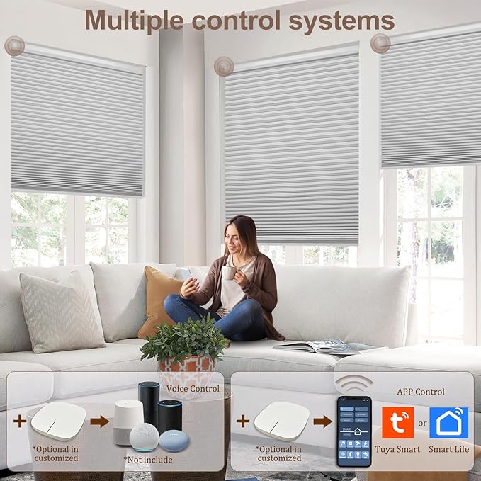 Godark Motorized Blackout Cellular Shades Compatible with Alexa/Google Home Electric Blinds Smart Honeycomb Shades for Windows Automatic Blinds with Remote Custom Size-Off White