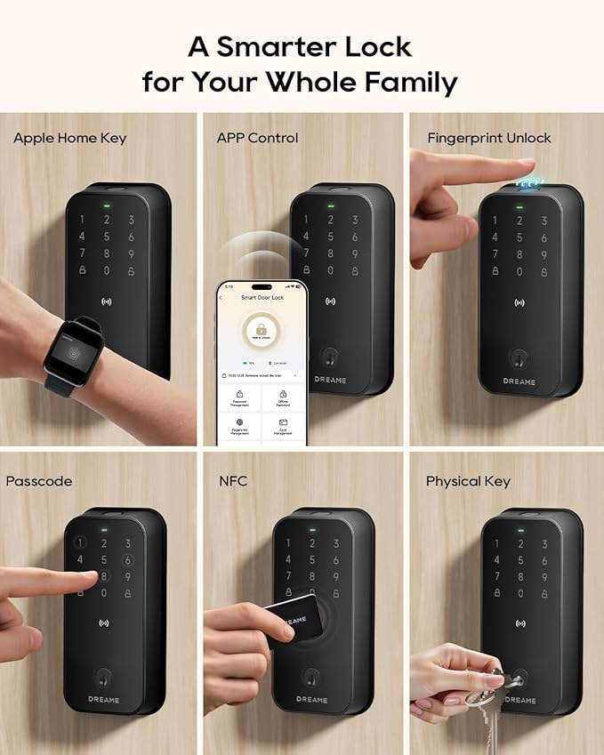DREAME Smart Door Lock Turbo lite, Digital Smart Locks for Front Door, Apple Home Key Support, 12-Months Battery Life, AI Fingerprint, Smart Deadbolt Lock with App Control, IP54 Waterproof, Auto Lock