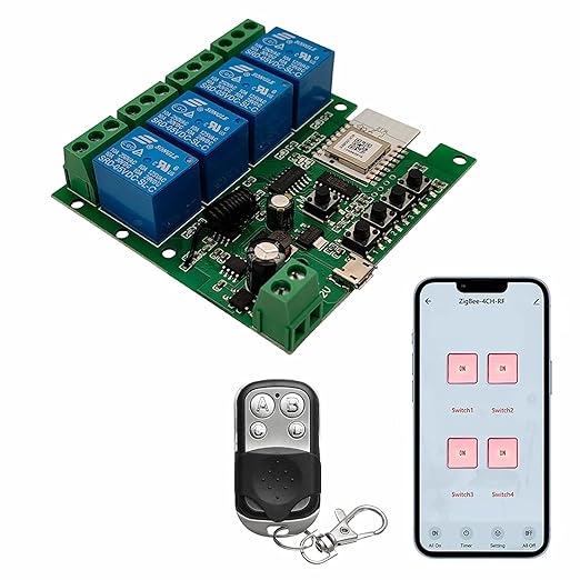 Zigbee Tuya Smart 4 Channel Smart Relay Module with 433RF Remote Control USB 5V 7-32V Jog/Lock Switch Compatible with Alexa Google Home (Requires ZigBee Hub)