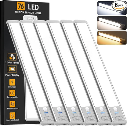 Under Cabinet Lighting Wireless, Rechargeable 10inch Motion Sensor Light Indoor, 3 Color Closet Light Battery Operated with LED Power Display, Magnetic Under Counter Lights for Kitchen, Home (6Pack)