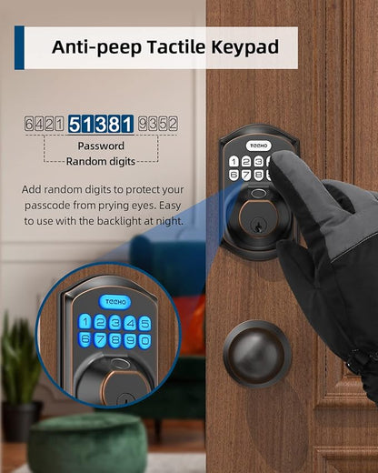 TEEHO TE002K Keyless Fingerprint Deadbolt Door Lock - Smart Lock with Handle and Keypad - Oil-Rubbed Bronze