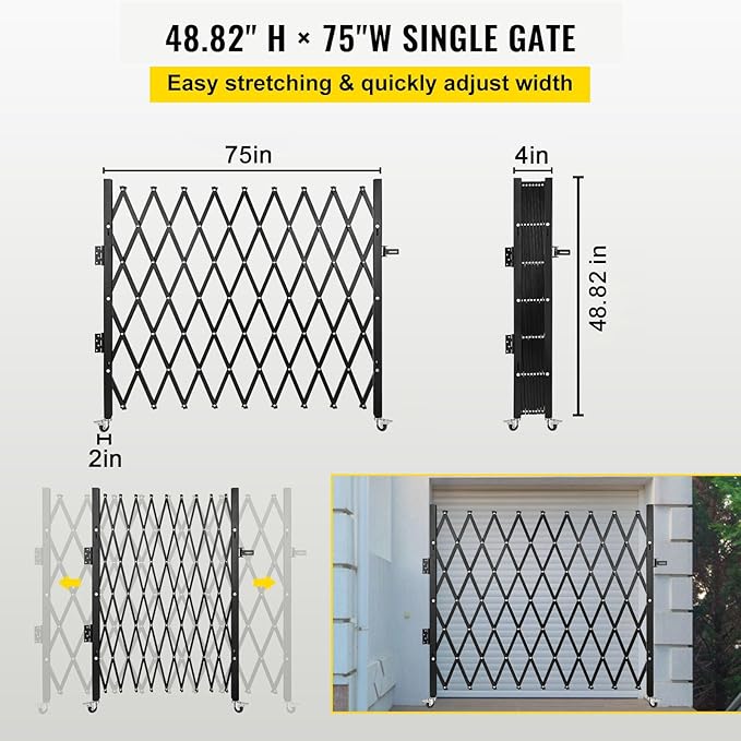 VEVOR Single Folding Security Gate, 51.57" H x 75" W, Steel Accordion Door, Flexible Expanding Barricade, 360 Rolling Scissor Gate with Padlock